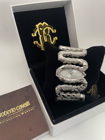 Roberto Cavalli Snake Bangle watch in a box, showing intricate snake design in silver.