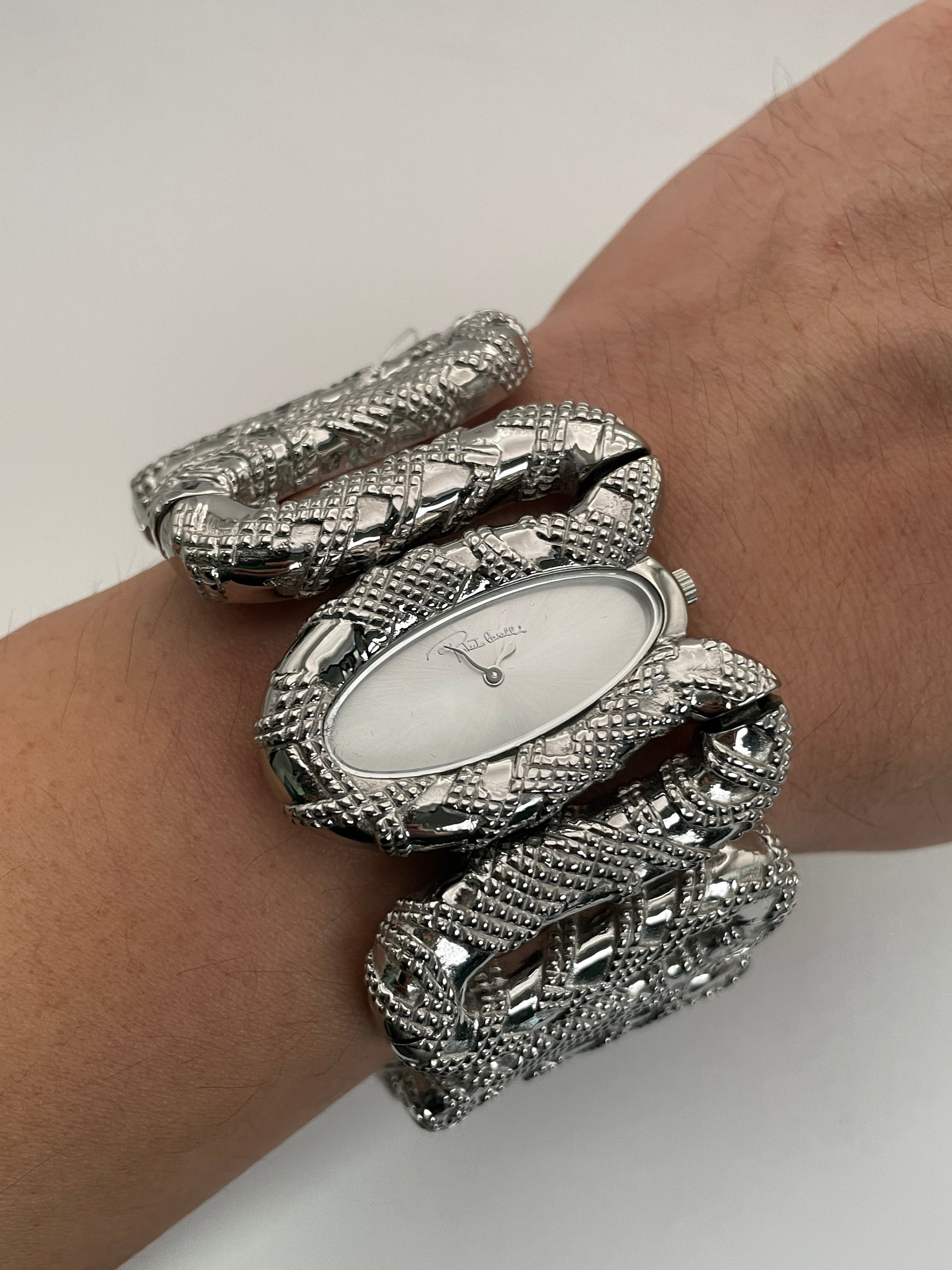 Wrist shot view of Roberto Cavalli Snake Bangle watch, showcasing the bold silver snake design on wrist.