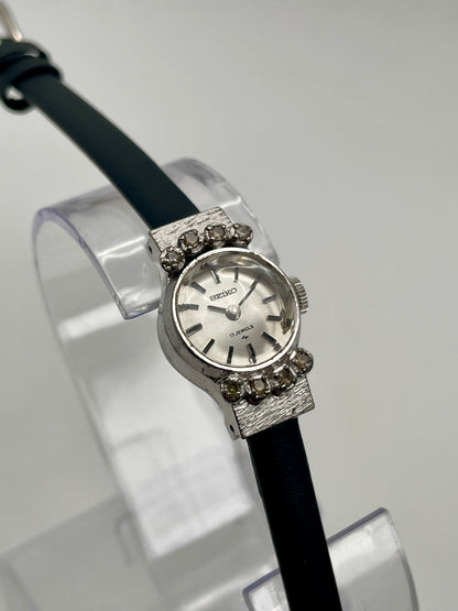 Seiko 10-0900 Vintage Women's Watch in steel with black strap, main front view