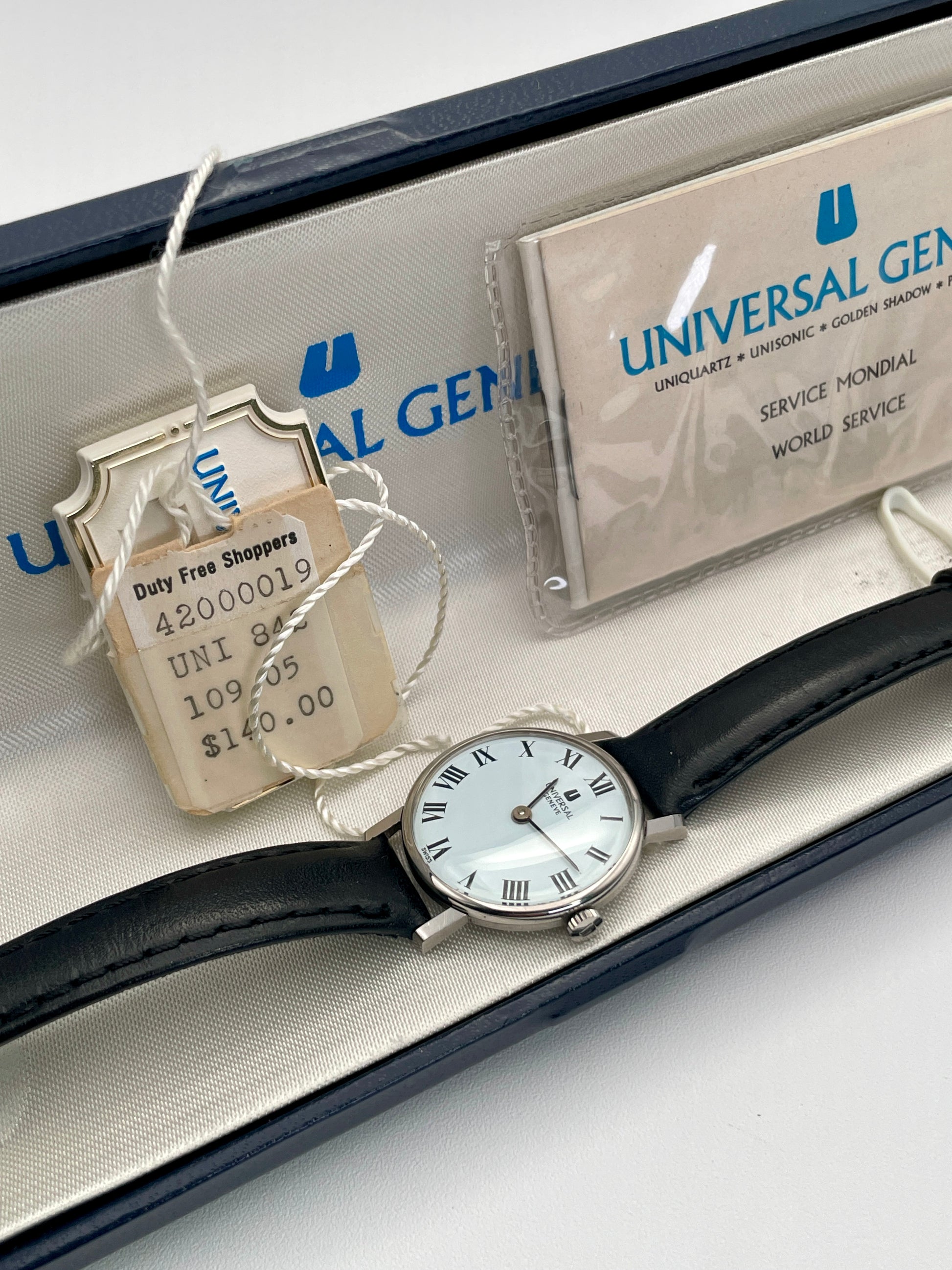 Universal Geneve Ultra Thin watch presented in its original box with accompanying papers and tags
