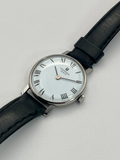 Diagonal view of the Universal Geneve Ultra Thin watch highlighting the slim profile and polished case