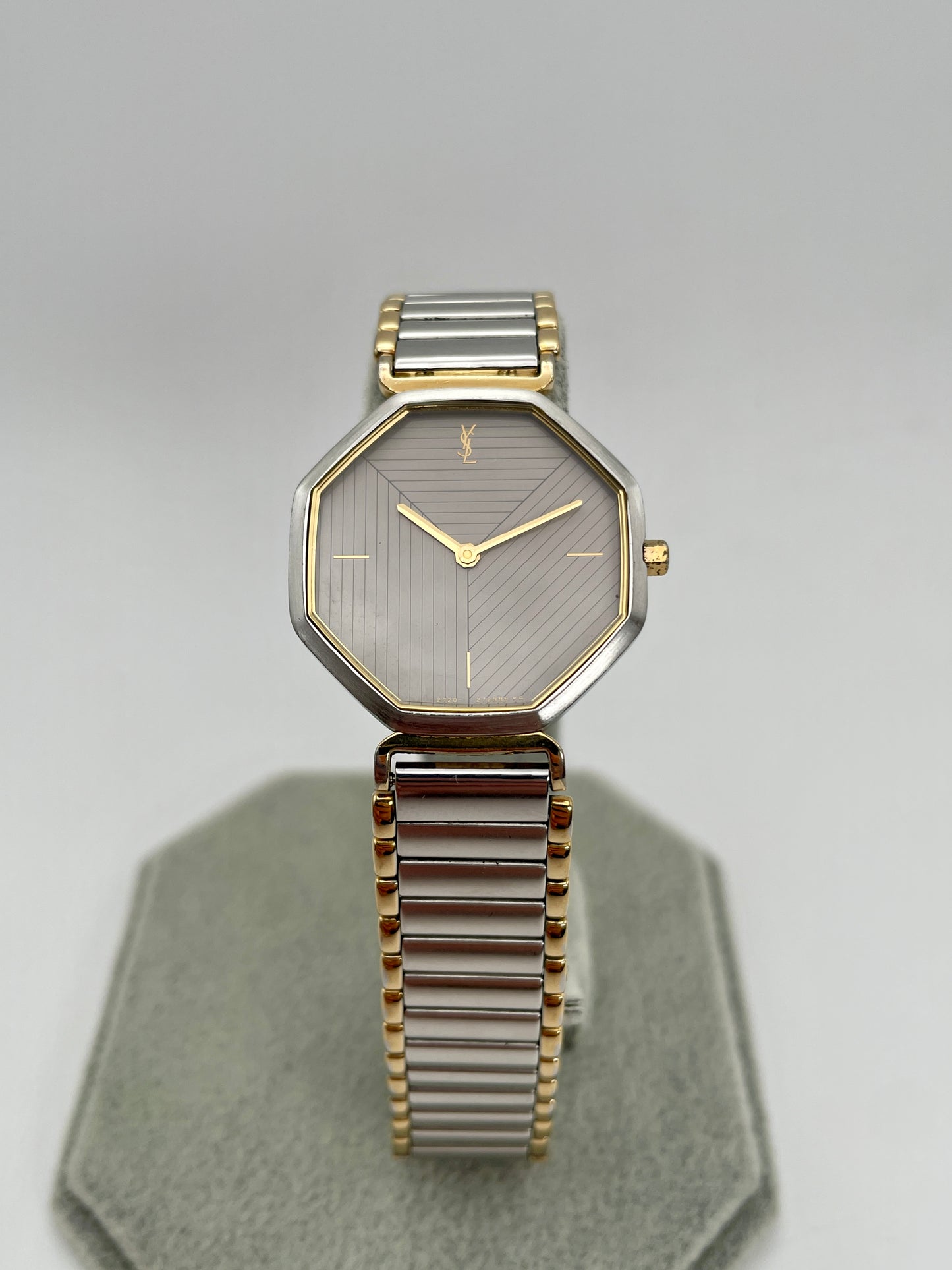 Front Main view of Yves Saint Laurent Octagon Vintage Women’s Watch with grey dial and two-tone bracelet
