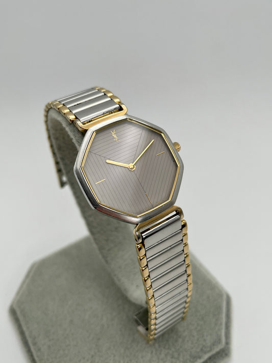 Yves Saint Laurent Octagon Vintage Women’s Watch with grey dial and two-tone bracelet
