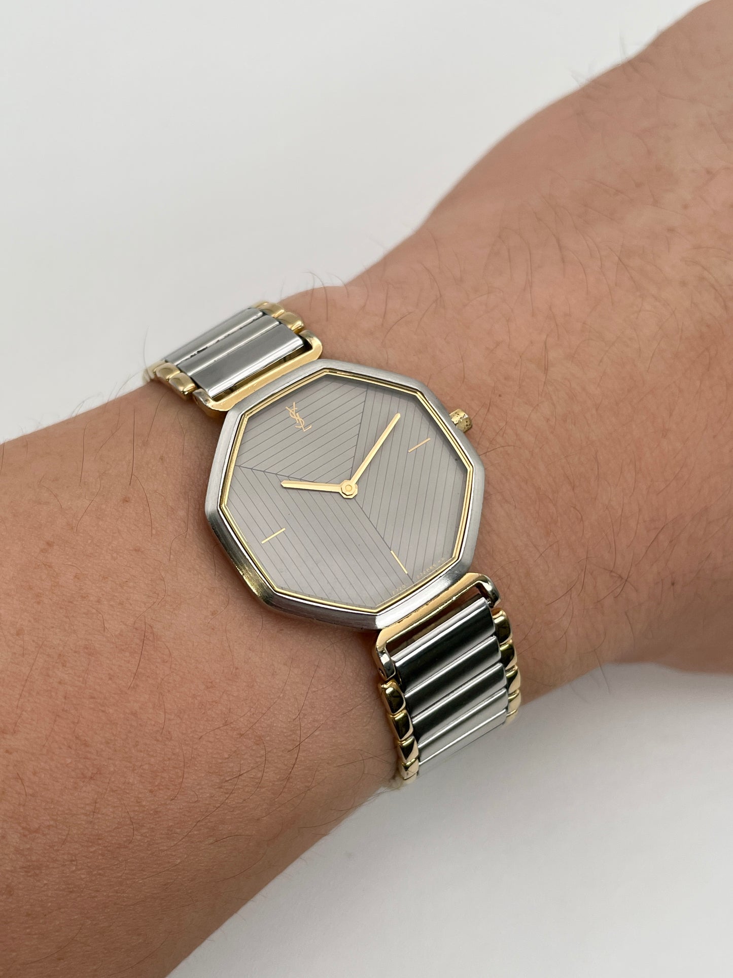 Wrist shot of the YSL Octagon Vintage Women’s Watch showing scale and fit
