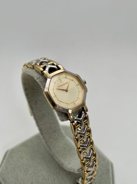 Front view of Yves Saint Laurent Octagon Vintage Women's Watch in gold with two-tone Y-link bracelet
