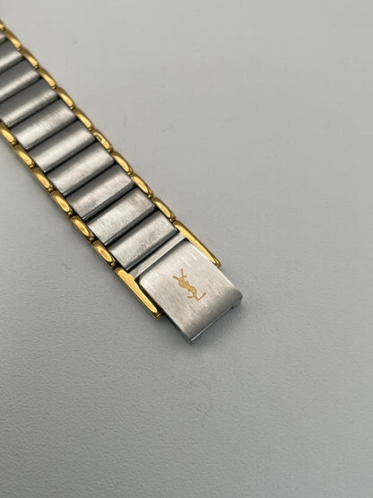 Detailed view of the clasp on the Yves Saint Laurent Octagon Vintage Women's Watch with the iconic YSL logo.