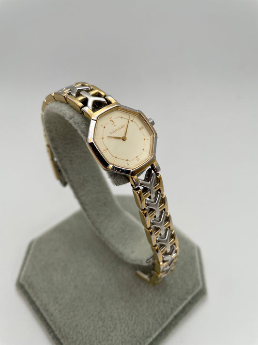 Main view of Yves Saint Laurent Octagon Vintage Women's Watch in steel and gold with Y-link bracelet
