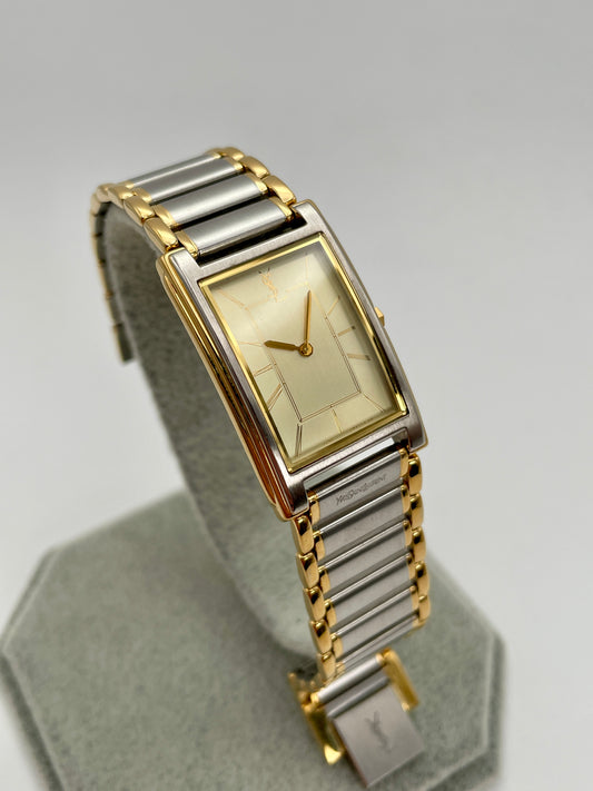 Front view of YSL Square Vintage Women's Watch highlighting the clean dial and gold accents.
