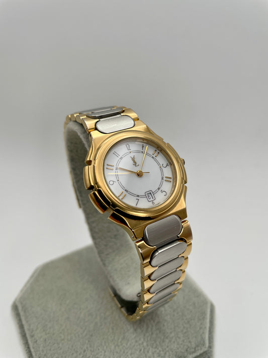 Main view angle of YSL Vintage Women's Watch in two-tone steel and gold with brushed bracelet links
