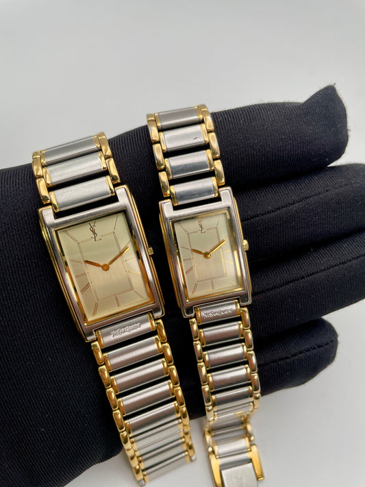 Main view of Yves Saint Laurent Tank Square Vintage Men's and Women’s Couple Watch in steel and gold, showing the full bracelet and dial from the front.
