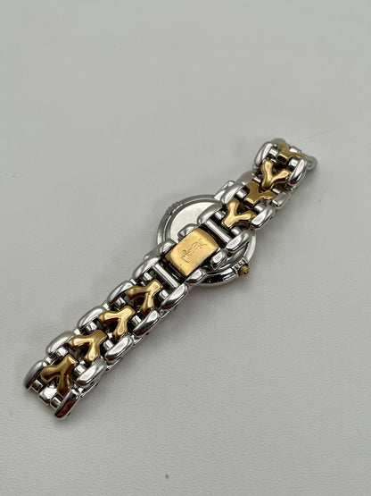 Clasp view of Yves Saint Laurent vintage women's watch highlighting the engraved YSL logo on the gold-tone clasp

